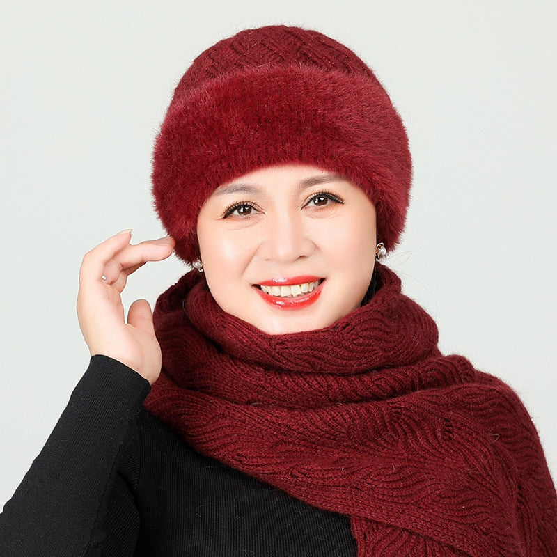 Old Lady Hat Women&#39;s Autumn  Winter Scarf Set Thermal Cotton Windproof Knitted Woolen Cap for Middle-Aged Mother Grandma Grandm