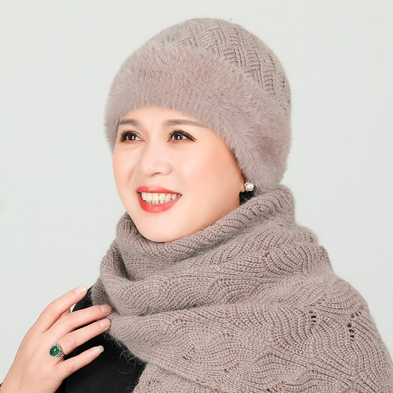 Old Lady Hat Women&#39;s Autumn  Winter Scarf Set Thermal Cotton Windproof Knitted Woolen Cap for Middle-Aged Mother Grandma Grandm