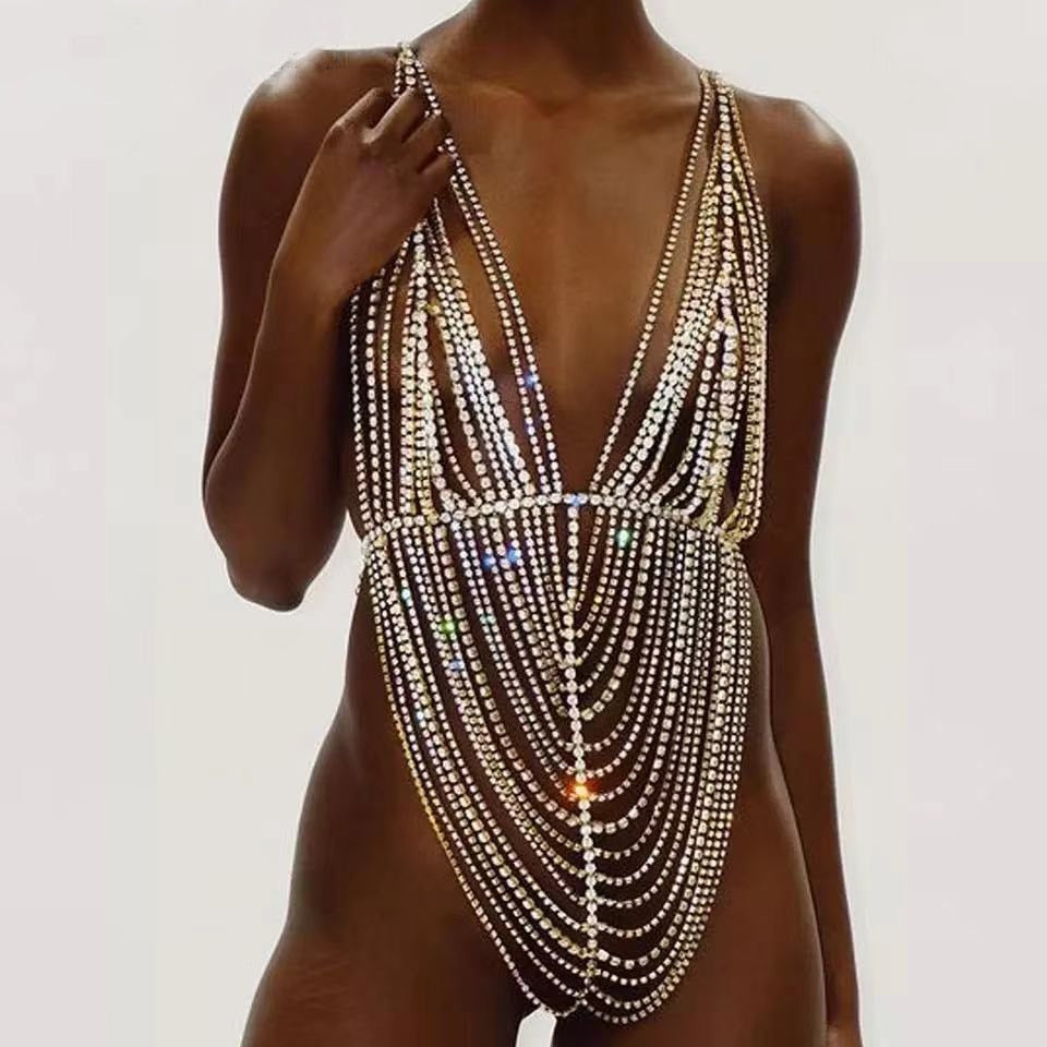 Sexy Bodies Bikinis Slim and Exquisite Underwear Aesthetic Shoulder Rhinestone Bra Hollow Harness Woman Fashion Belt Neck Chain