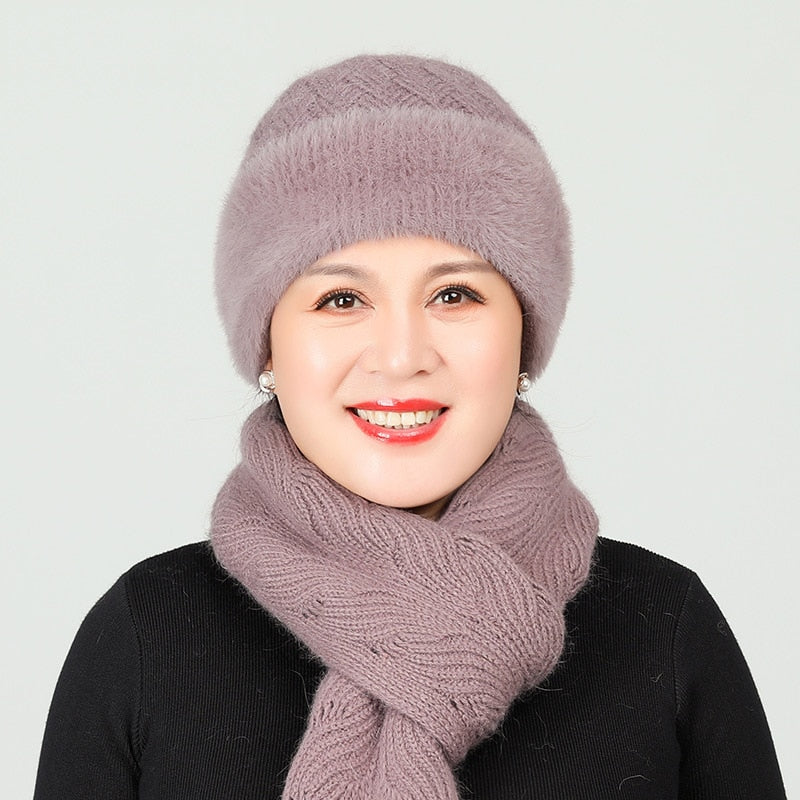 Old Lady Hat Women&#39;s Autumn  Winter Scarf Set Thermal Cotton Windproof Knitted Woolen Cap for Middle-Aged Mother Grandma Grandm