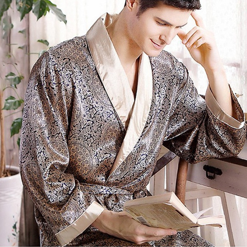 Men&#39;s Robe Nightgown Satin Kimono Bathrobe Gown Casual Sleepwear Plus Size Print Gold Home Dressing Gown 3XL 4XL 5XL