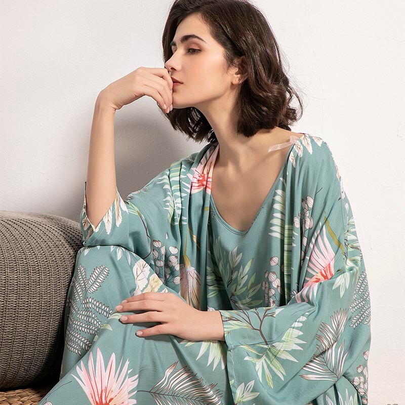 2022 Spring &amp; Autumn Cartoon Sunflower Printed Women Sleepwear Light Blue Cotton Satin Pajamas Set Ladies Loose Thin Homewear