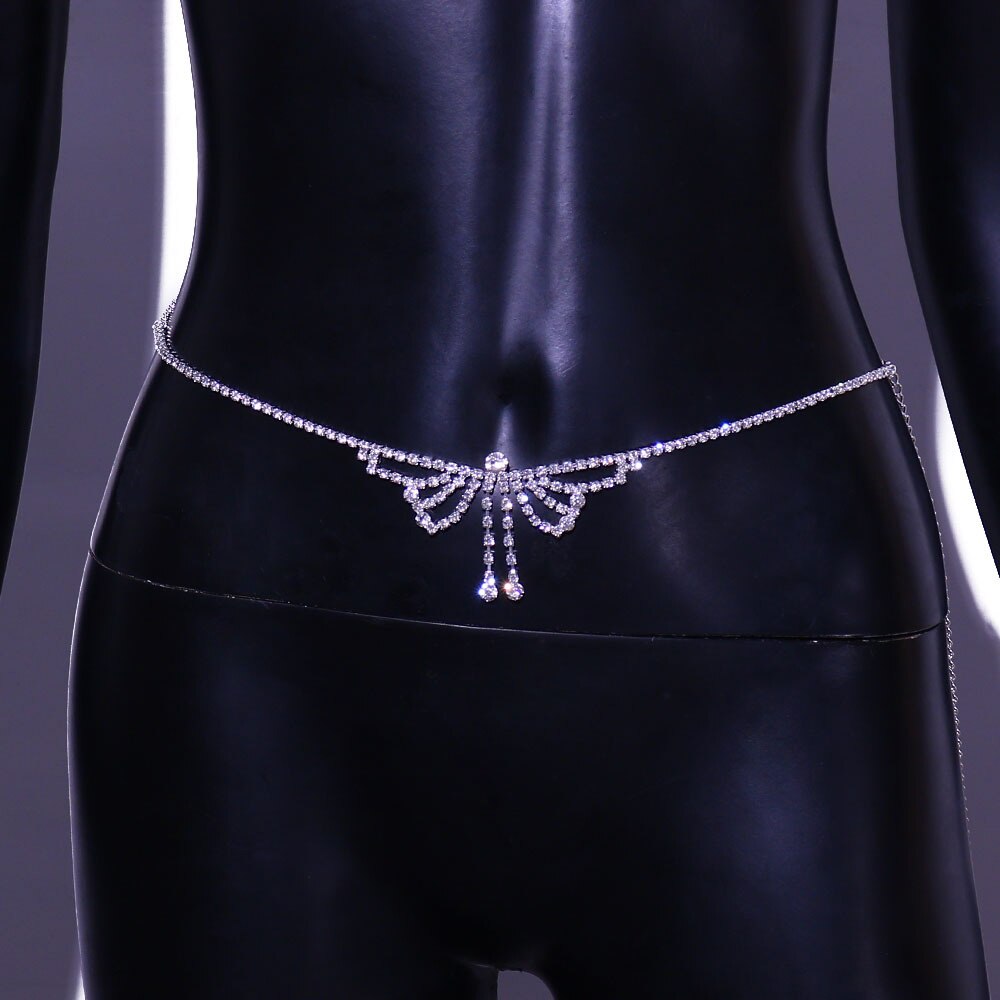 Stonefans Butterfly Bow Waist Chain Jewelry With Crystals for Women Sexy Bikini Rave Accessories Harness Belly Chain Belt Panty