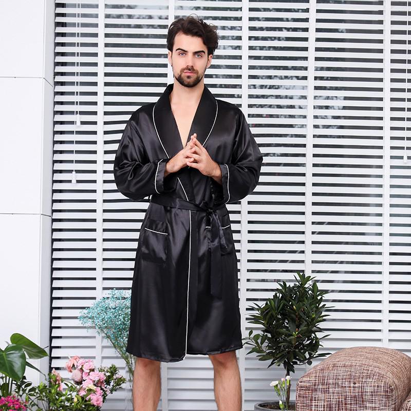 Men&#39;s Robe Nightgown Satin Kimono Bathrobe Gown Casual Sleepwear Plus Size Print Gold Home Dressing Gown 3XL 4XL 5XL