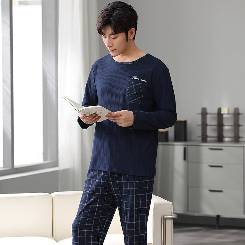 Autumn Men&#39;s Pure Full Cotton Pajamas Plaid Sleepwear Big Yards L-4XL Pajama Sets Casual Sleep&amp;Lounge Pyjamas Pijamas Hombre