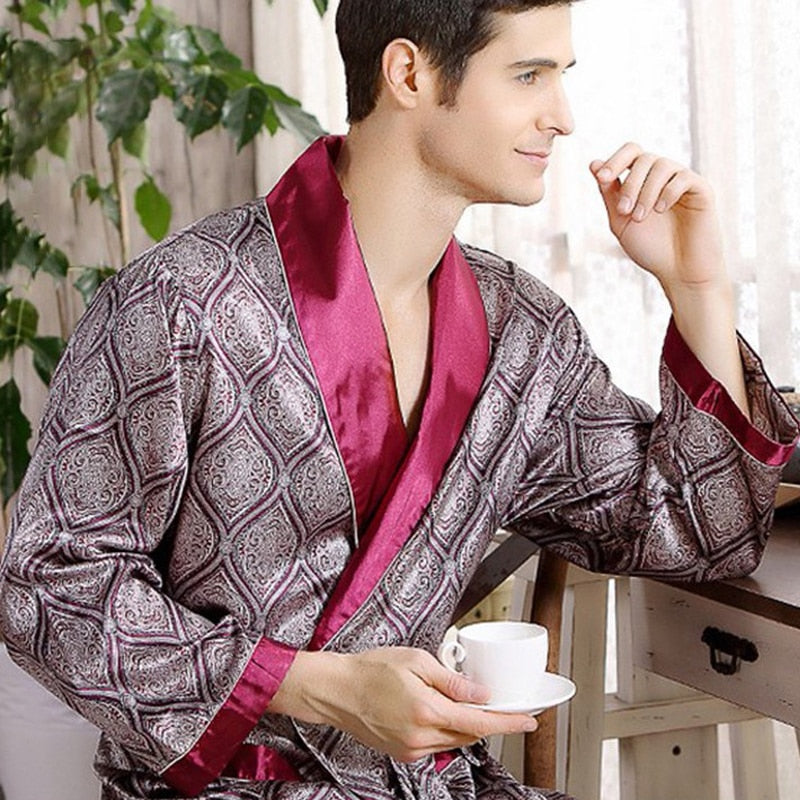 Men&#39;s Robe Nightgown Satin Kimono Bathrobe Gown Casual Sleepwear Plus Size Print Gold Home Dressing Gown 3XL 4XL 5XL