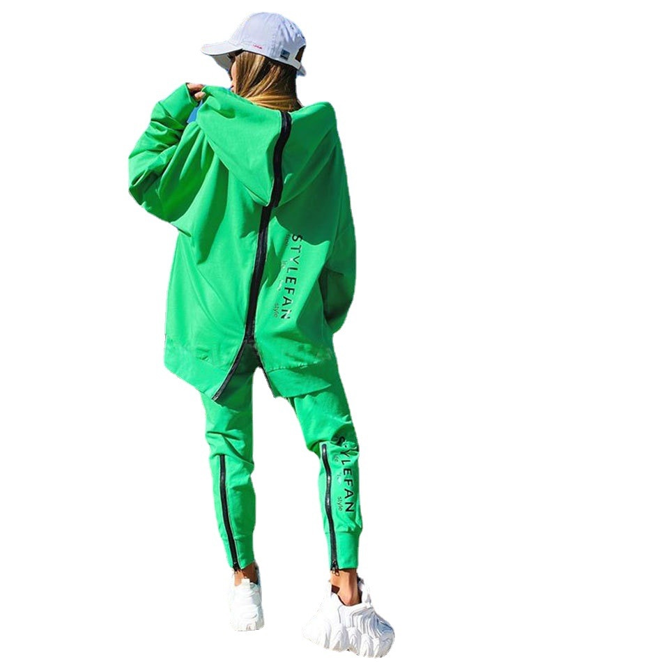 Women&#39;s Tracksuit Streetwear Running Sportswear Backwards Zipper Long Hoodies+Long Pant 2 Pice Set Autumn Winter Female Clothing