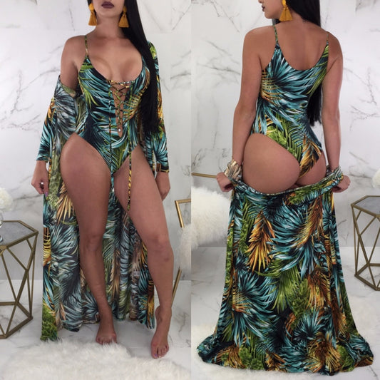 IASKY 2018 New One Piece Swimsuit with Beach Cover-Ups sexy women Green Leave Print Swimwear Bathing Suit 2PCS/SET