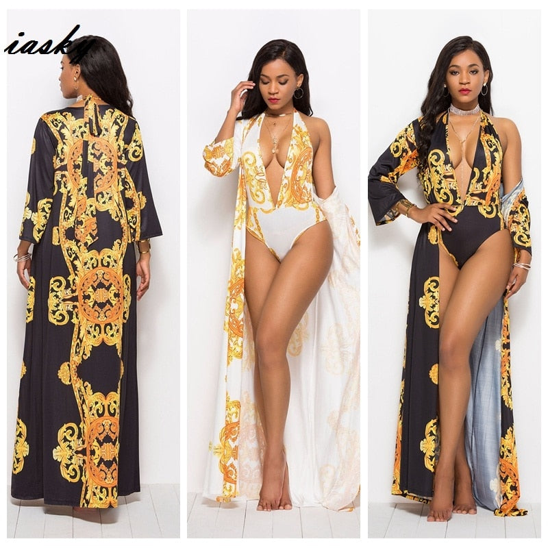 IASKY Retro print deep V neck one piece swimsuit+ beach cover ups set 2019 New sexy women swimwear bathing suit &amp;cover up 2PCS/S