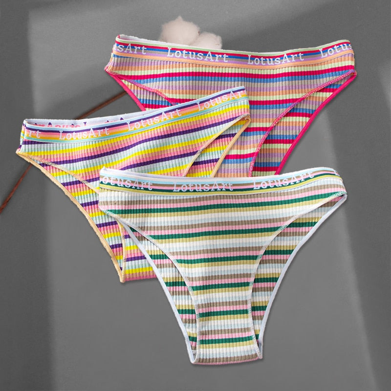 FINETOO 3Pcs/Set Colorful Stripes Panties Women&#39;s Cotton Briefs M-XL Low-Rise Rainbow Underwear Ladies Underpants Girls Panties