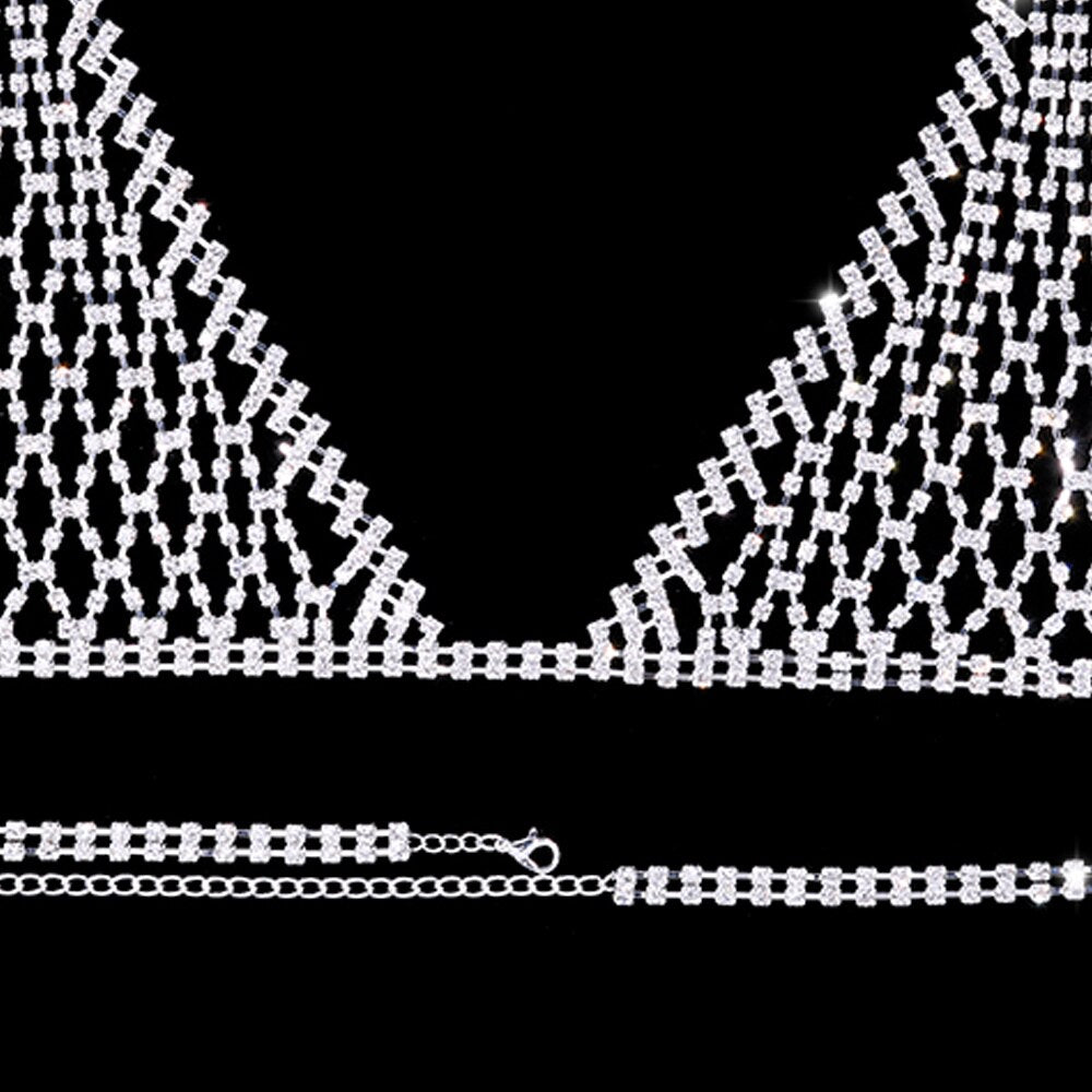 GLAMing Shiny Mesh Rhinestone Bra Chain for Women Rave Underwear Jewelry Sexy Bikini Ladies Crystal Lingerie Chain Body Outfits