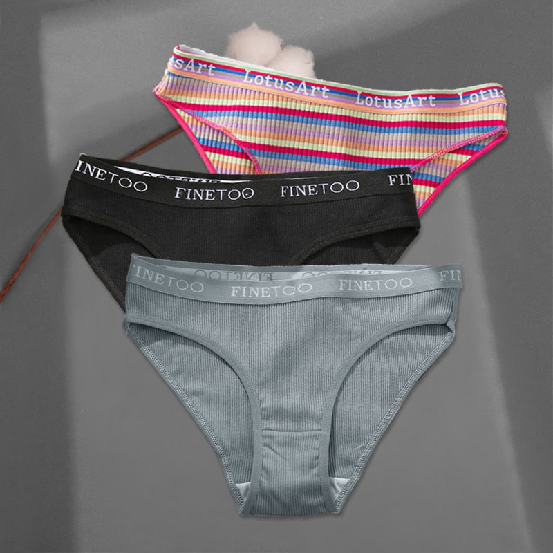 FINETOO 3Pcs/Set Colorful Stripes Panties Women&#39;s Cotton Briefs M-XL Low-Rise Rainbow Underwear Ladies Underpants Girls Panties