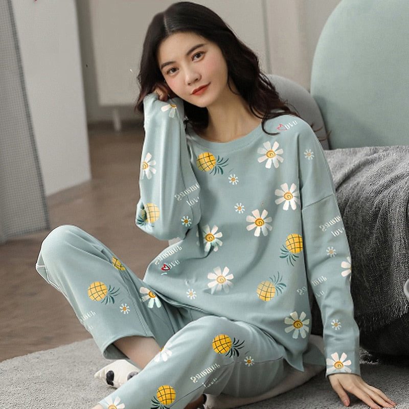 Pure Cotton Pajamas Women&#39;s Spring and Autumn Models Long-sleeved Home Service Women&#39;s Simple Loose Casual Suit Large Size 5XL