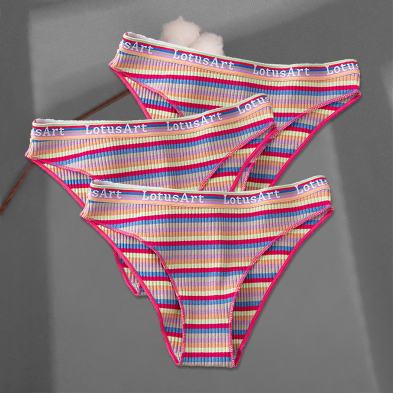 FINETOO 3Pcs/Set Colorful Stripes Panties Women&#39;s Cotton Briefs M-XL Low-Rise Rainbow Underwear Ladies Underpants Girls Panties