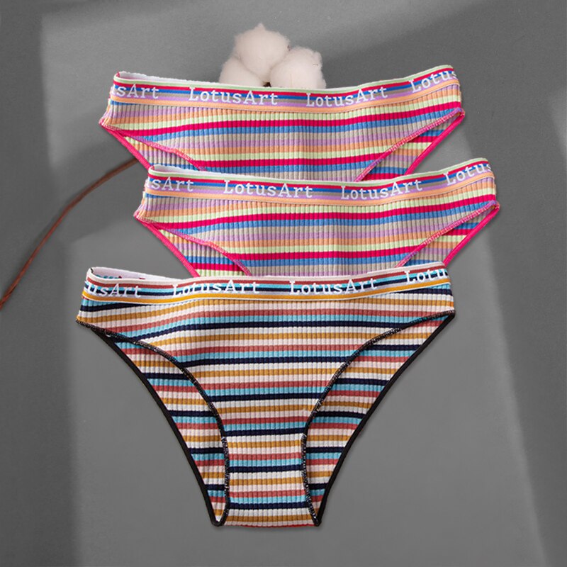 FINETOO 3Pcs/Set Colorful Stripes Panties Women&#39;s Cotton Briefs M-XL Low-Rise Rainbow Underwear Ladies Underpants Girls Panties