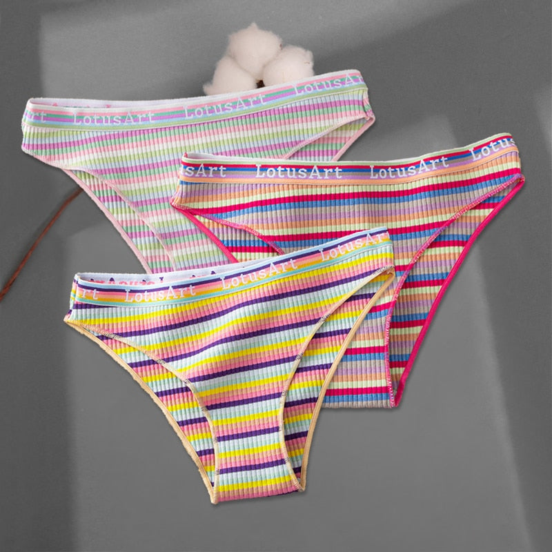 FINETOO 3Pcs/Set Colorful Stripes Panties Women&#39;s Cotton Briefs M-XL Low-Rise Rainbow Underwear Ladies Underpants Girls Panties