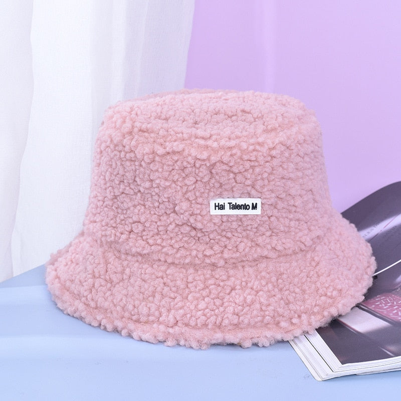 Lamb Faux Fur Bucket Hat Winter Warm Velvet Hats for Women Lady Thicken Bob Panama Outdoor Fisherman Hats Caps Girls