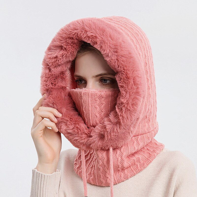 Winter Hat For Womens Hooded Face Mask Fluff Keep Warm Thicken Style Neck Scarf Hooded Cap Beanie Knitted Cashmere Neck Warmer