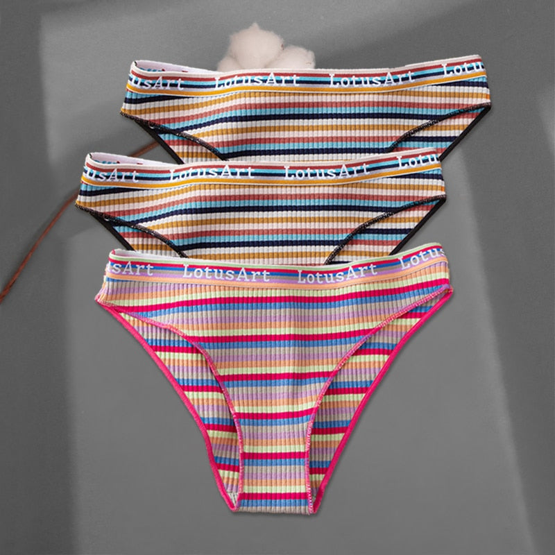 FINETOO 3Pcs/Set Colorful Stripes Panties Women&#39;s Cotton Briefs M-XL Low-Rise Rainbow Underwear Ladies Underpants Girls Panties