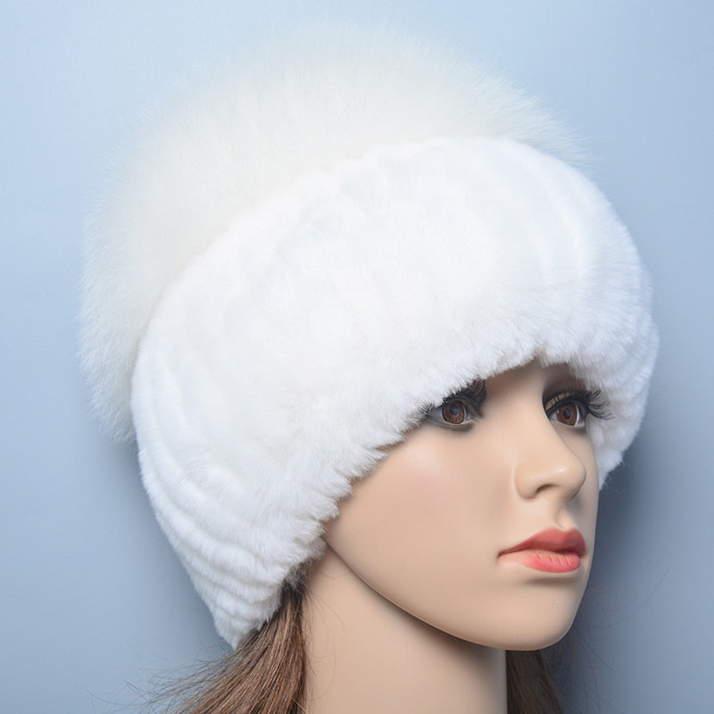 Russia Lady Winter Real Fur Hat Women Warm Knitted Genuine Rex Rabbit Fur Hat Top Natural Fox Fur Bomber Caps Rex Rabbit Fur Cap