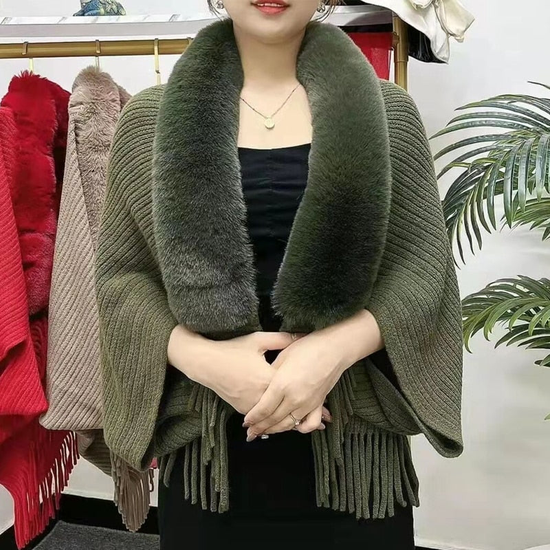 Solid Color Imitation Cashmere Shawl Scarf Knitted Fur Collar Fringed Cape Autumn Winter Warm All-match Chinese Red Accessories