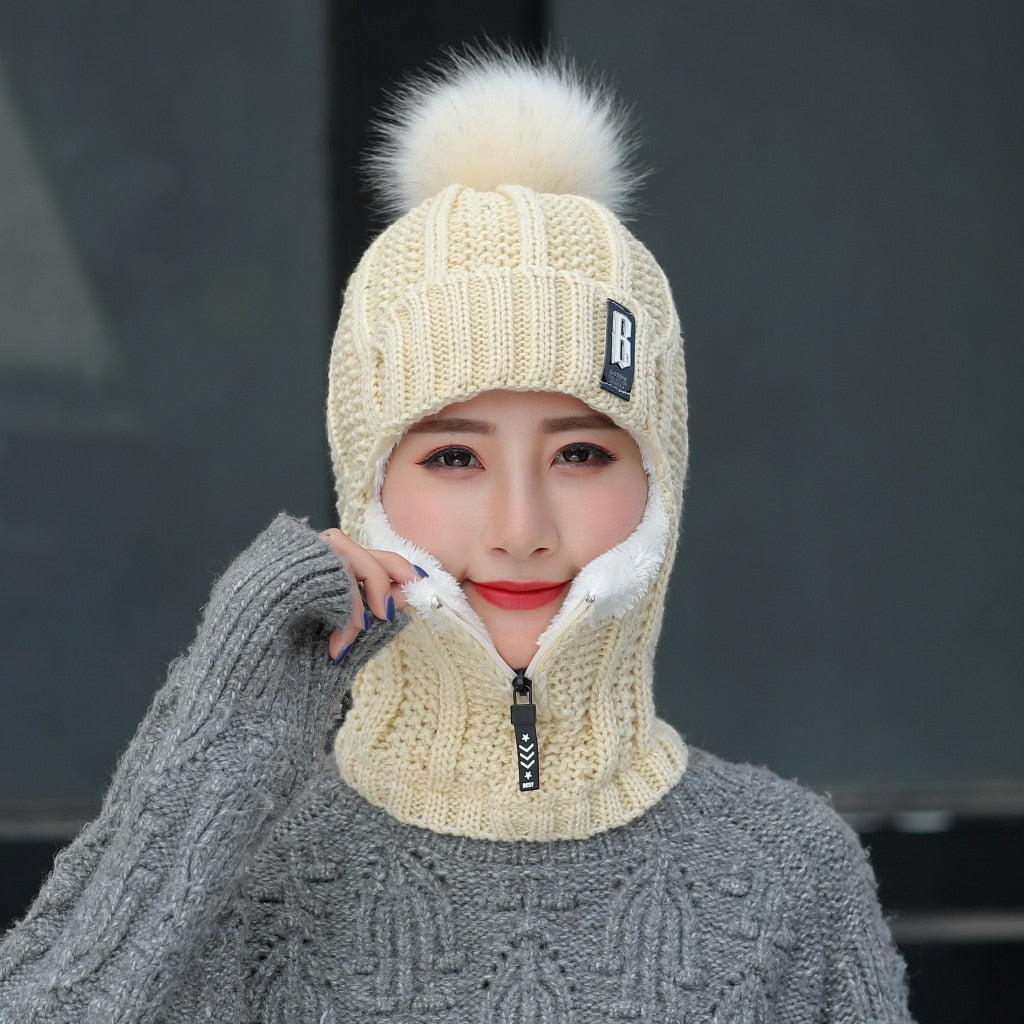 Women Wool Knitted Hat Ski Hat Sets Windproof Winter Outdoor Knit Thick Siamese Scarf Collar Warm Keep Face Warmer Beanies Hat