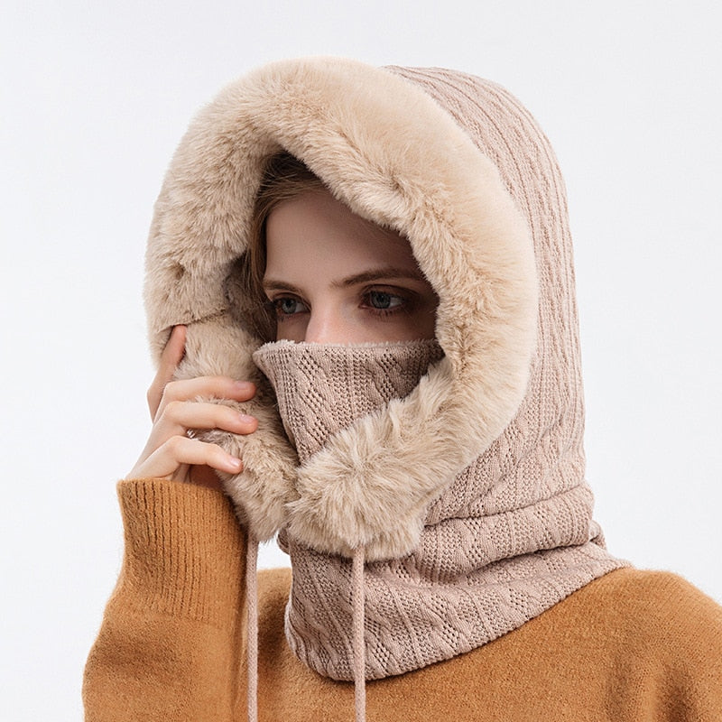 Winter Hat For Womens Hooded Face Mask Fluff Keep Warm Thicken Style Neck Scarf Hooded Cap Beanie Knitted Cashmere Neck Warmer