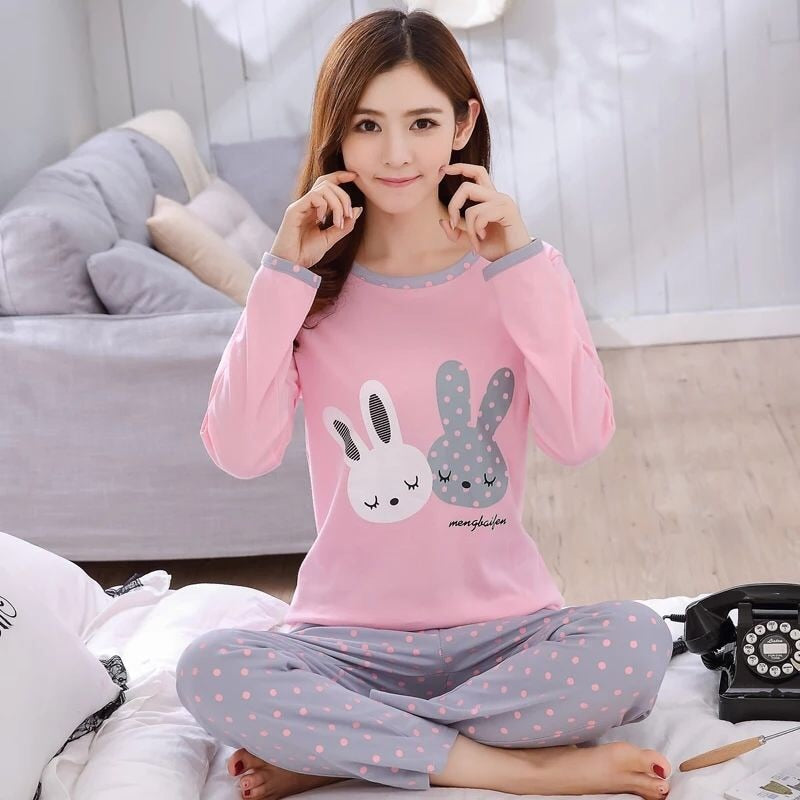 Autumn Thin 2pieces Pyjamas Set Women Sleepwear Lovely Home Suits 2021 Round Neck Girls Teacup SleepwearLong Sleeve Pajamas