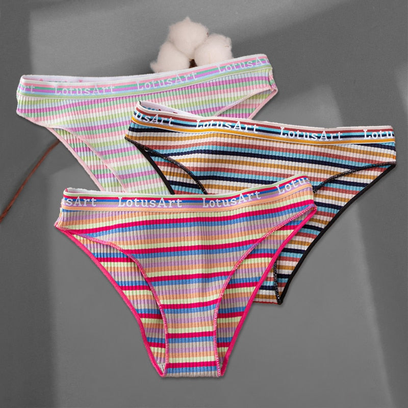 FINETOO 3Pcs/Set Colorful Stripes Panties Women&#39;s Cotton Briefs M-XL Low-Rise Rainbow Underwear Ladies Underpants Girls Panties