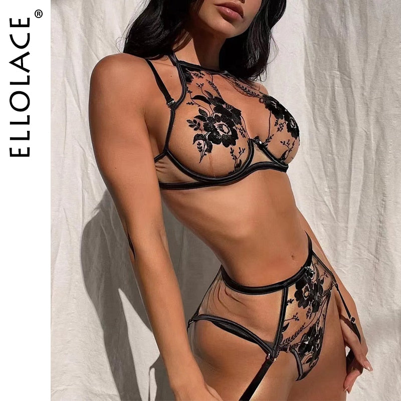 Ellolace Lingeries Lace Underwear 3-Pieces Sensual Erotic Sets Embroidery Transparent Halter Bra Cut Out Panties Intimate Set