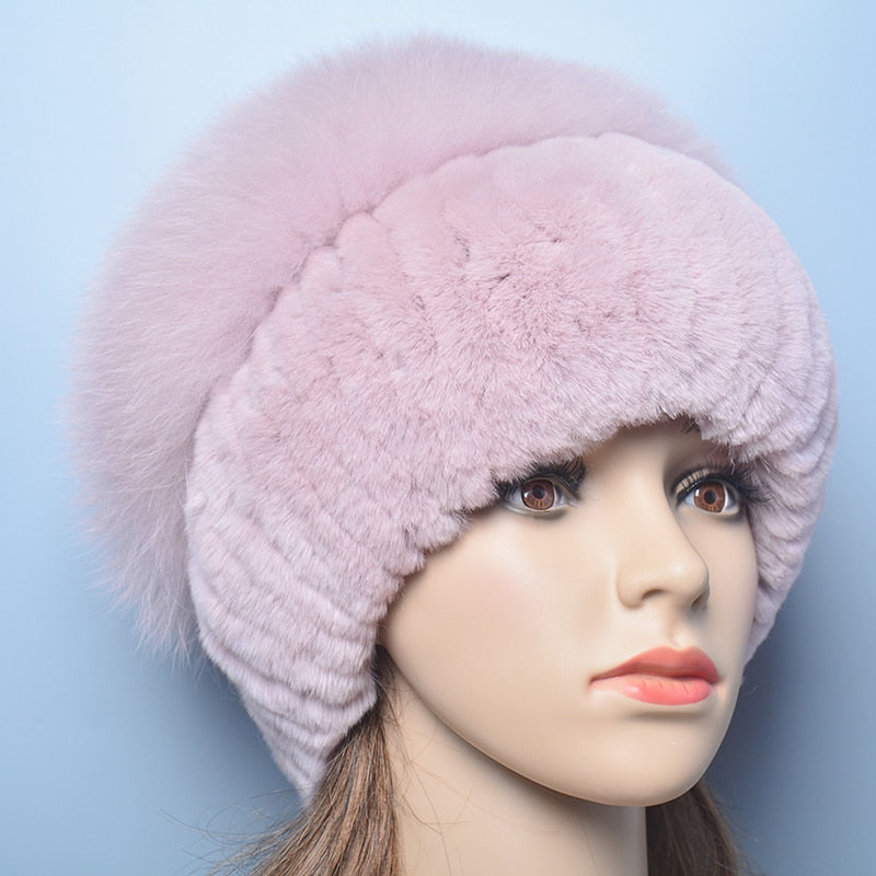 Russia Lady Winter Real Fur Hat Women Warm Knitted Genuine Rex Rabbit Fur Hat Top Natural Fox Fur Bomber Caps Rex Rabbit Fur Cap