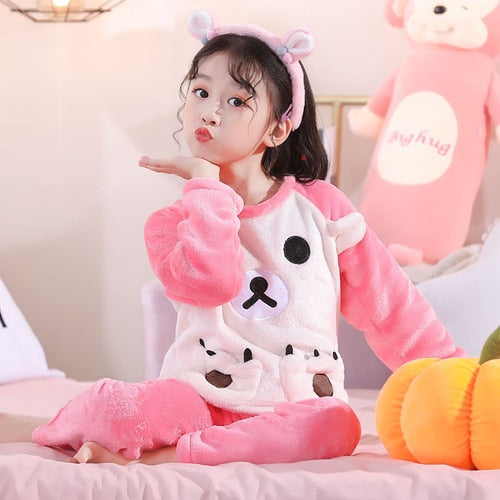 New Flannel Kids Pajamas 2021 Autumn Winter Girl Boy Sleepwear Set Baby Clothes Animal Cartoon Coral Fleece Children&#39;s Pyjamas