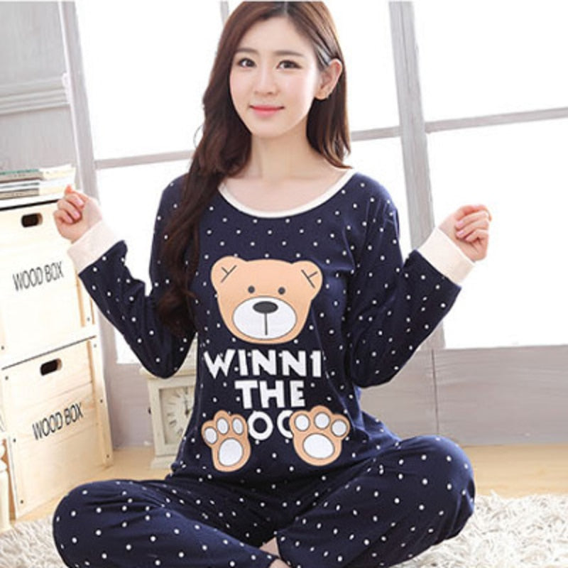 Autumn Thin 2pieces Pyjamas Set Women Sleepwear Lovely Home Suits 2021 Round Neck Girls Teacup SleepwearLong Sleeve Pajamas