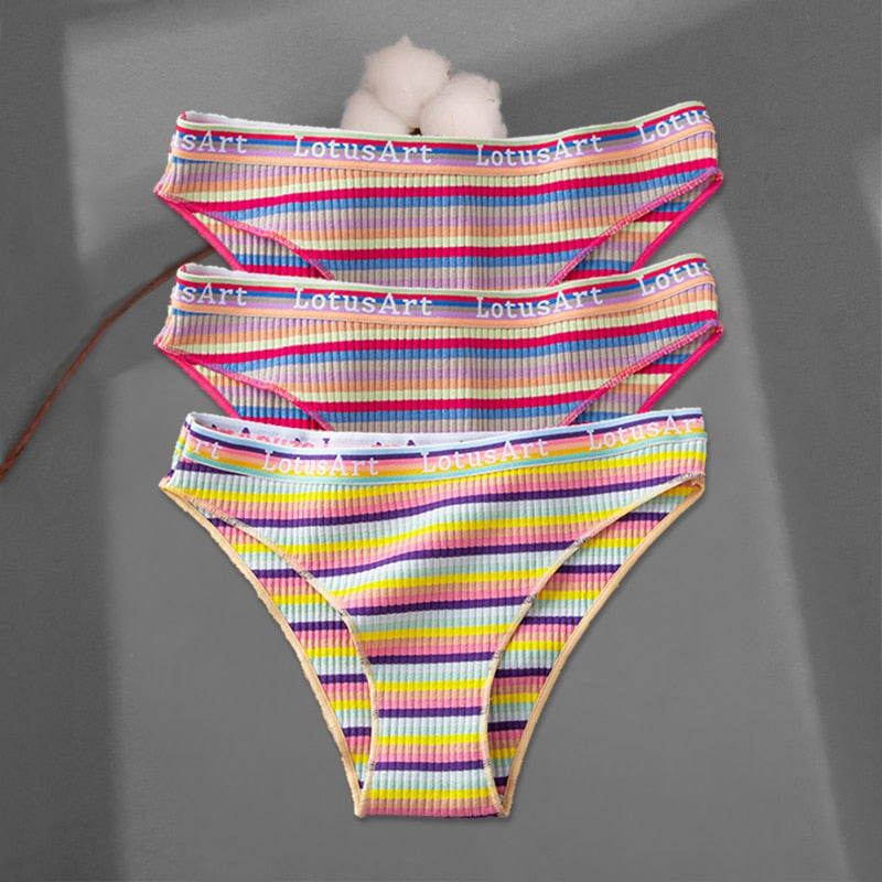 FINETOO 3Pcs/Set Colorful Stripes Panties Women&#39;s Cotton Briefs M-XL Low-Rise Rainbow Underwear Ladies Underpants Girls Panties