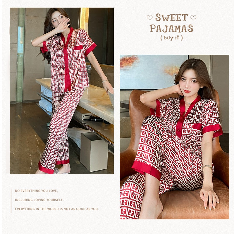 M-5XL Plus Size Luxury Silk Pajamas for Women Summer V Neck Letter Print Home Suit Stain Pajama Set Woman Sleepwear Pijama Mujer