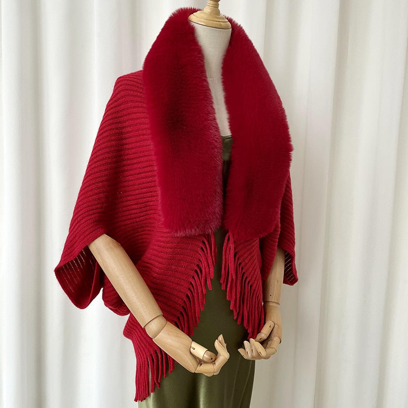 Solid Color Imitation Cashmere Shawl Scarf Knitted Fur Collar Fringed Cape Autumn Winter Warm All-match Chinese Red Accessories