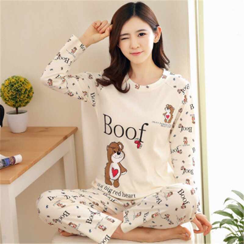 Autumn Thin 2pieces Pyjamas Set Women Sleepwear Lovely Home Suits 2021 Round Neck Girls Teacup SleepwearLong Sleeve Pajamas