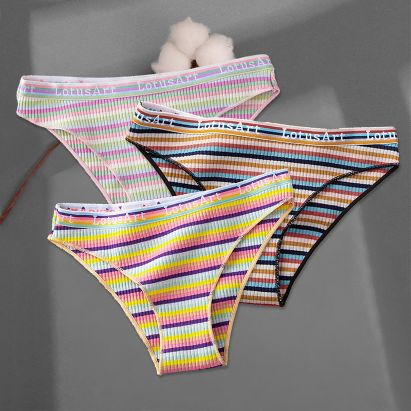 FINETOO 3Pcs/Set Colorful Stripes Panties Women&#39;s Cotton Briefs M-XL Low-Rise Rainbow Underwear Ladies Underpants Girls Panties