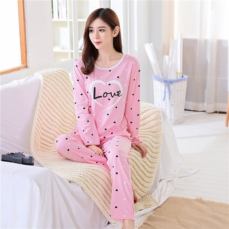 Autumn Thin 2pieces Pyjamas Set Women Sleepwear Lovely Home Suits 2021 Round Neck Girls Teacup SleepwearLong Sleeve Pajamas