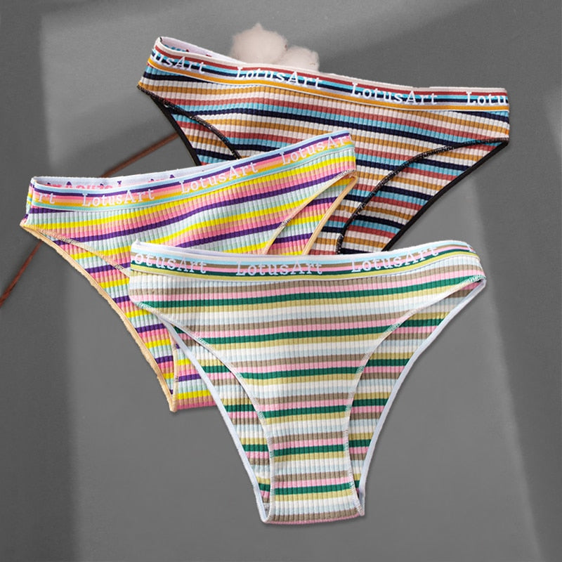 FINETOO 3Pcs/Set Colorful Stripes Panties Women&#39;s Cotton Briefs M-XL Low-Rise Rainbow Underwear Ladies Underpants Girls Panties