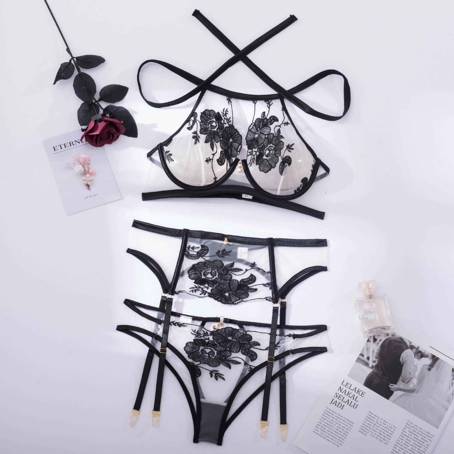 Ellolace Lingeries Lace Underwear 3-Pieces Sensual Erotic Sets Embroidery Transparent Halter Bra Cut Out Panties Intimate Set