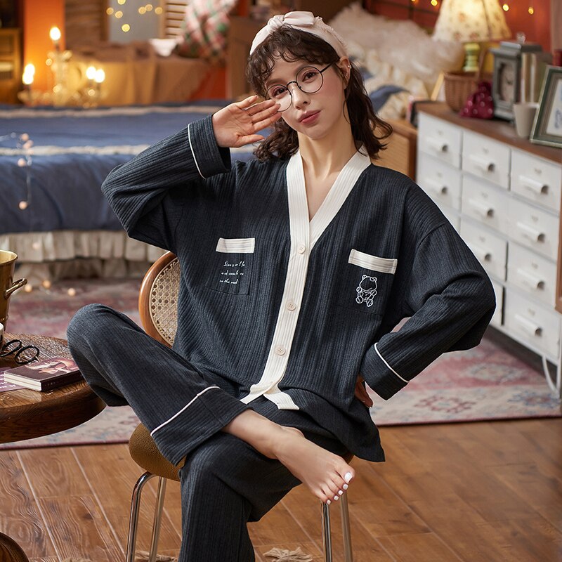 Spring Autumn Couple Pyjamas Cotton Pj Pajamas Set Women Leisure Sleepwear Pajama Sets Pijamas Mujer Men Pyjamas Home Clothing