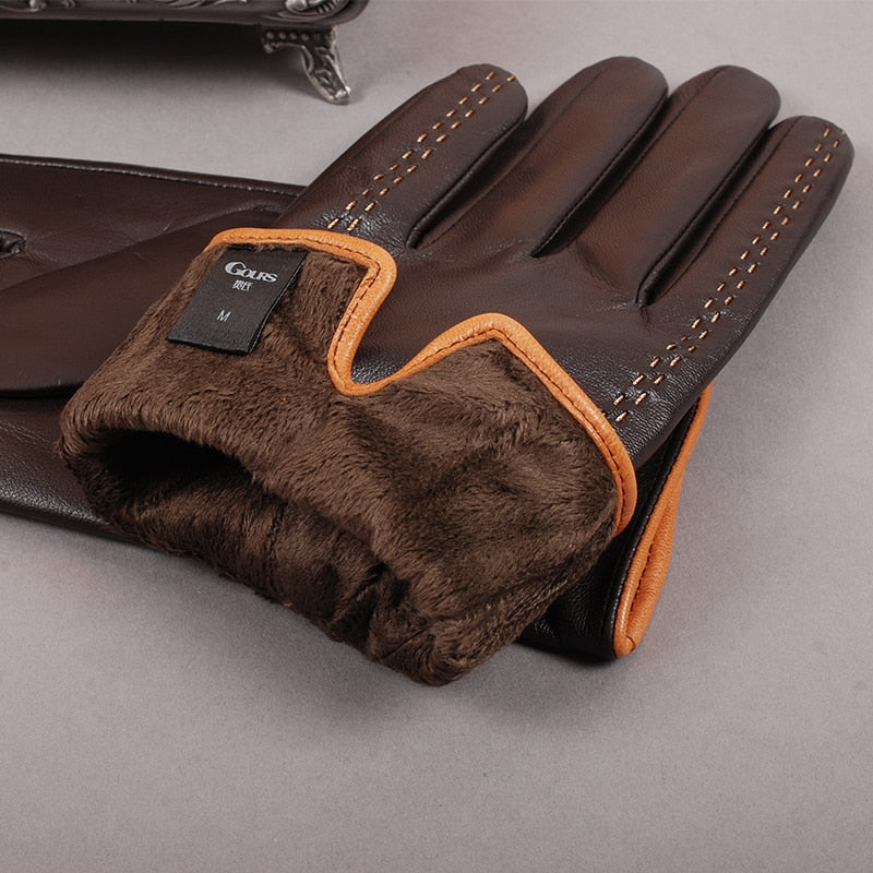 Gours Winter Men&#39;s Genuine Leather Gloves New Brand Touch Screen Gloves Fashion Warm Black Gloves Goatskin Mittens GSM012