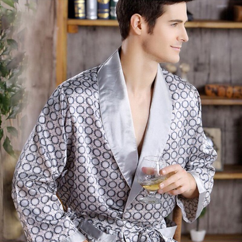 Men&#39;s Robe Nightgown Satin Kimono Bathrobe Gown Casual Sleepwear Plus Size Print Gold Home Dressing Gown 3XL 4XL 5XL