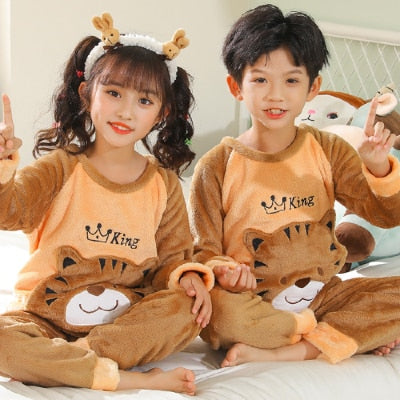 New Flannel Kids Pajamas 2021 Autumn Winter Girl Boy Sleepwear Set Baby Clothes Animal Cartoon Coral Fleece Children&#39;s Pyjamas