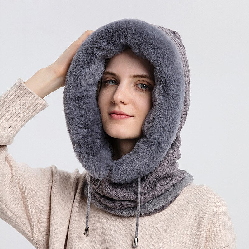 Winter Hat For Womens Hooded Face Mask Fluff Keep Warm Thicken Style Neck Scarf Hooded Cap Beanie Knitted Cashmere Neck Warmer