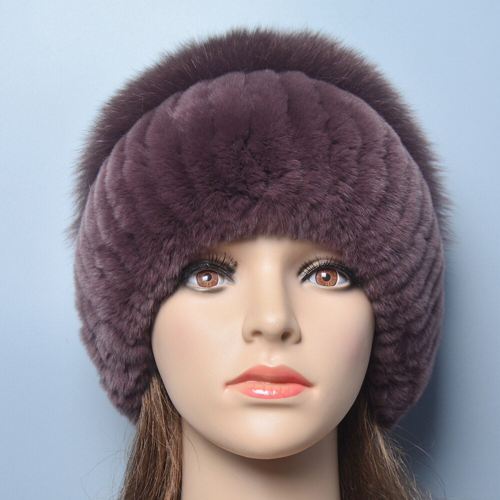 Russia Lady Winter Real Fur Hat Women Warm Knitted Genuine Rex Rabbit Fur Hat Top Natural Fox Fur Bomber Caps Rex Rabbit Fur Cap