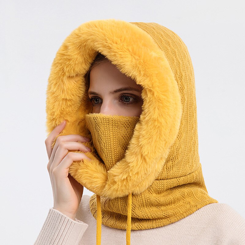 Winter Hat For Womens Hooded Face Mask Fluff Keep Warm Thicken Style Neck Scarf Hooded Cap Beanie Knitted Cashmere Neck Warmer