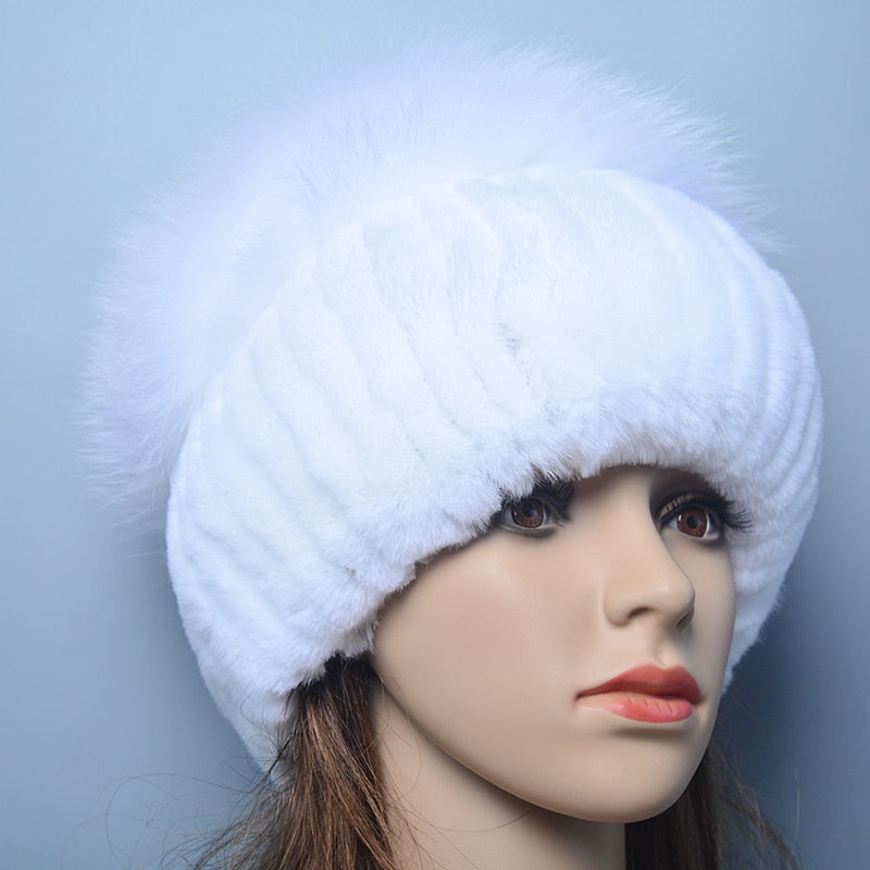 Russia Lady Winter Real Fur Hat Women Warm Knitted Genuine Rex Rabbit Fur Hat Top Natural Fox Fur Bomber Caps Rex Rabbit Fur Cap