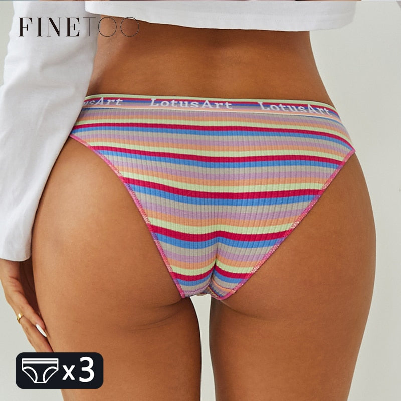 FINETOO 3Pcs/Set Colorful Stripes Panties Women&#39;s Cotton Briefs M-XL Low-Rise Rainbow Underwear Ladies Underpants Girls Panties